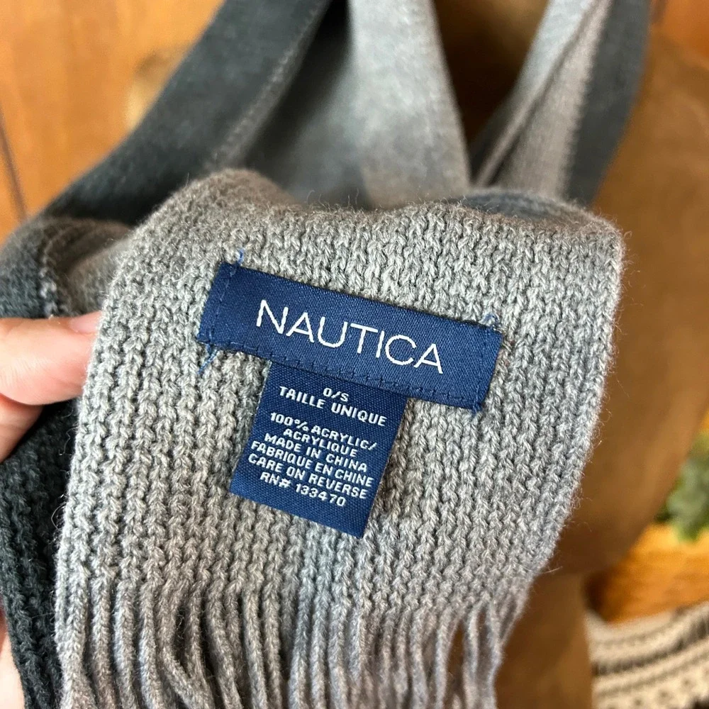 Nautica Striped Scarf Gray‎ Blue Acrylic Fringe Winter Warm Mens Womens